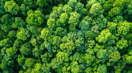 Fototapeta premium Aerial top view of green trees in forest. Drone view of dense green tree captures CO2. Green tree nature background for carbon neutrality and net zero emissions concept. Sustainable green environment.