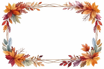 Obraz premium Vibrant watercolor border featuring autumn and Thanksgiving motifs: colorful leaves, pumpkins, and an assortment of seasonal fruits.