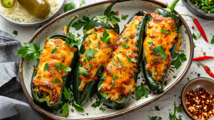 cheesy stuffed poblano peppers on rustic plate with garnishes