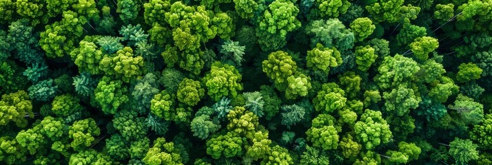 Fototapeta premium Aerial top view of green trees in forest. Drone view of dense green tree captures CO2. Green tree nature background for carbon neutrality and net zero emissions concept. Sustainable green environment.