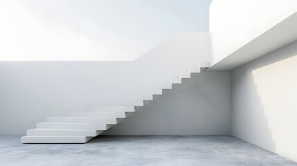 Fototapeta premium A white wall with a simple staircase leading up to the right, creating an abstract and minimalist composition.