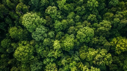 Naklejka premium Aerial top view of green trees in forest. Drone view of dense green tree captures CO2. Green tree nature background for carbon neutrality and net zero emissions concept. Sustainable green environment.