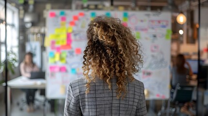 Fototapeta premium A woman with curly hair stands in front of an whiteboard covered by colored sticky notes, creating a mind map or flowchart on business planing.