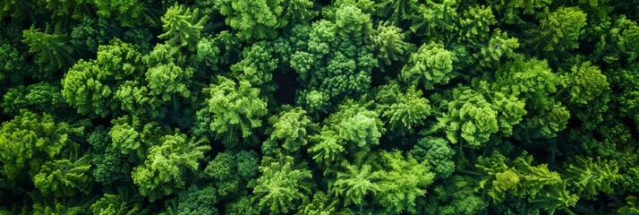 Fototapeta premium Aerial top view of green trees in forest. Drone view of dense green tree captures CO2. Green tree nature background for carbon neutrality and net zero emissions concept. Sustainable green environment.