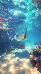 Fototapeta premium Peaceful underwater exploration in a crystalclear lagoon, with graceful manta rays gliding effortlessly above a sandy seabed, surrounded by vibrant marine life
