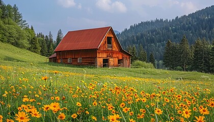 Picturesque rustic barn nestled in a lush green meadow, wildflowers blooming around, clear sky and distant forest backdrop