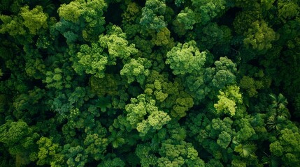 Aerial top view of green trees in forest. Drone view of dense green tree captures CO2. Green tree nature background for carbon neutrality and net zero emissions concept. Sustainable green environment.