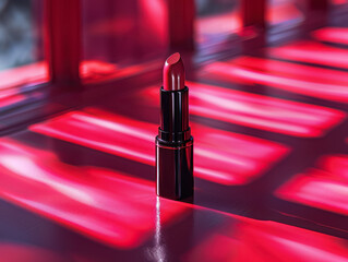 bold red lipstick in a dramatic light on reflective red background