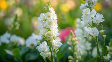 Blooming white Matthiola Incana flowers in a flowerbed