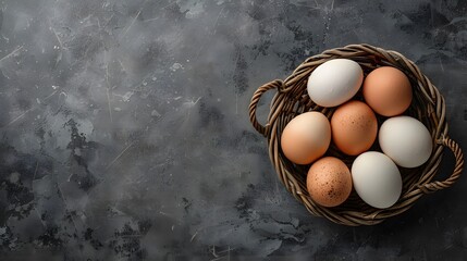 Eggs in a basket on a grey background, top view, flat lay. Beige and brown eggs. Natural food concept. with space for copy text. Top down of fresh chicken eggs.