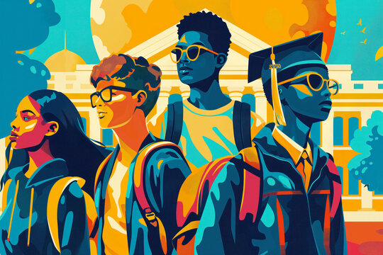 vibrant vector artwork of diverse college students with university campus background