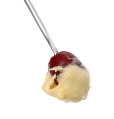 Tasty fondue. Fork with grape and melted cheese isolated on white