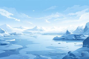 A serene icy landscape with vast snow-covered mountains, a frozen lake, and a clear blue sky in a winter wilderness.