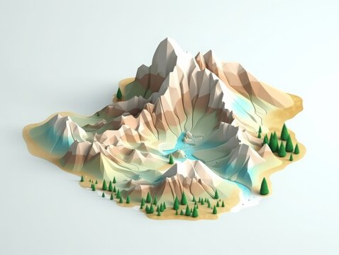 Abstract mountain landscape model with colorful peaks, valleys, and trees, showcasing elevation and natural terrain.
