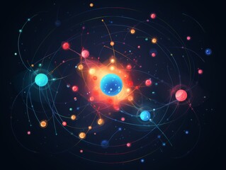 Abstract digital illustration of an atom with glowing orbits and particles, representing quantum physics, energy, and scientific exploration.
