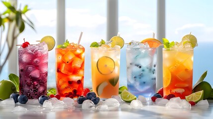 glasses of various colored drinks with ice and fruit garnishes, on a table in front of a window overlooking the sea, lime slices and blueberries in some of them.