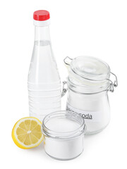 Baking soda, lemon and vinegar isolated on white