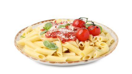 Tasty pasta with tomato sauce, cheese and basil isolated on white