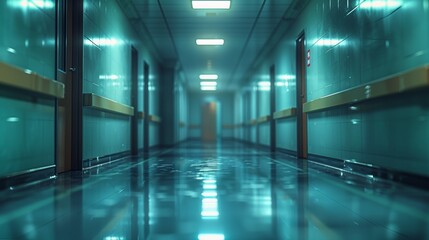 Fototapeta premium A sleek and sterile empty hospital corridor background that is somewhat sad and possibly alarming. 