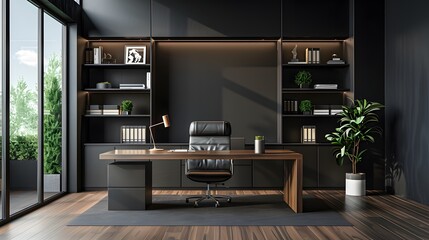 Modern home office interior with desk, bookshelves and black wall background. Minimalist workspace design concept in the style of minimalism.
