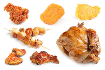 Different delicious dishes of chicken isolated on white, set