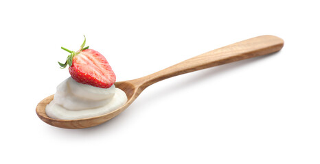 Spoon with delicious yogurt and strawberry isolated on white