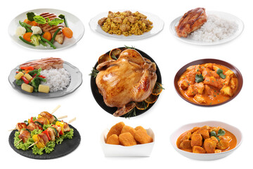 Different delicious dishes of chicken isolated on white, set