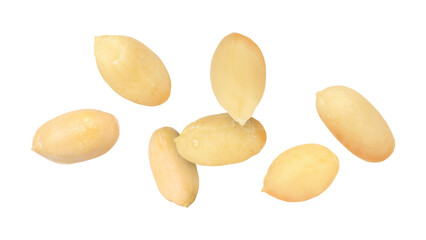 Many peanuts in air on white background