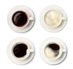 Aromatic coffee in cups isolated on white, top view