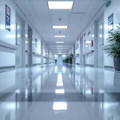 Obraz premium A sleek and sterile empty hospital corridor background that is somewhat sad and possibly alarming. 