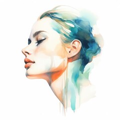 Elegant watercolor painting of a woman's serene profile with soft, flowing colors that evoke calmness and grace.