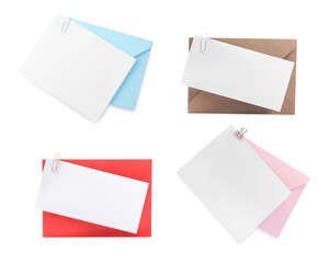Blank cards with letter envelopes isolated on white, top view