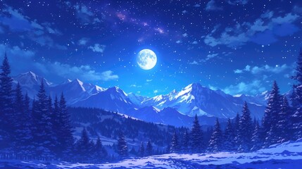 Capture the breathtaking beauty of a panoramic starlit landscape featuring a full moon rising behind majestic mountains and pine trees in a winter forest a stunning backdrop for spreading h