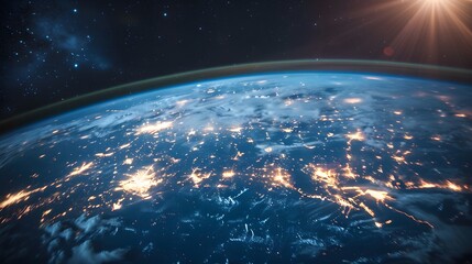 View of the Earth from space, glowing lights on its surface, half lit by sunset and other half illuminated by city light at night, with dark blue sky in background.
