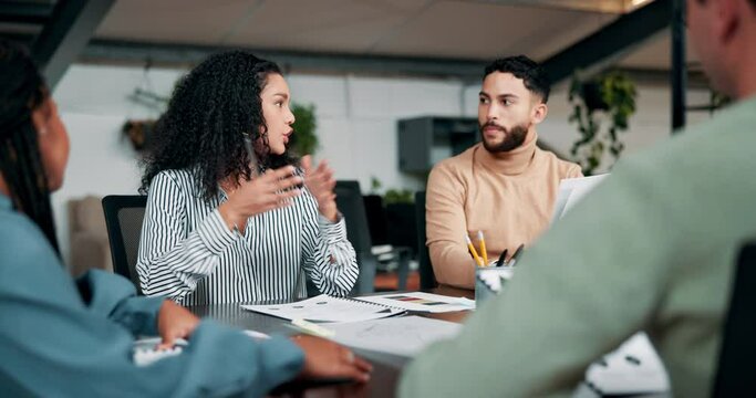 Business meeting, paperwork and planning in public relations office with collaboration and teamwork. Document, discussion and staff with work agenda in conference room with proposal with people