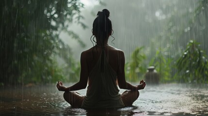 A woman meditates peacefully in the rain, finding tranquility and serenity amidst the downpour.