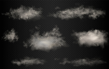Set of the vector realistic clouds isolated on dark transparent background. Clouds for night sky or another black backdrop