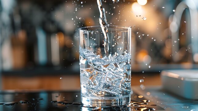 Water being poured into a glass on a kitchen counter, closeup. The water in the cup is sparkling and clear, clean and refreshing.
