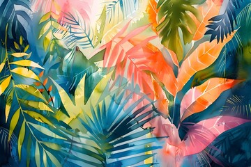 A painting of a tropical forest with many different colored leaves. The painting is full of bright colors and has a lively, energetic feel to it