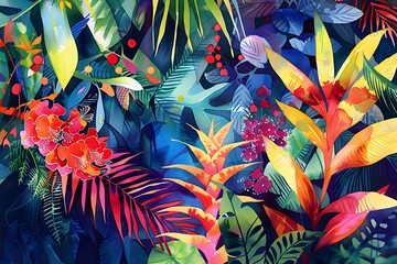 A colorful painting of a tropical forest with many different types of plants and flowers. The mood of the painting is vibrant and lively, with a sense of abundance and growth