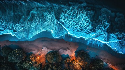 An electric blue wave crashing on a beach at night, creating a captivating natural landscape in the...