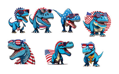 dinosaur with American flag and USA sunglasses independence day 4th of July and memorial day,Blue angry T Rex dinosaur