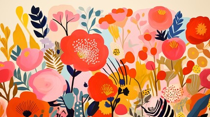 Colorful Abstract Floral Painting with Vibrant Blossoms and Leaves