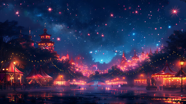 illustration of a magical carnival under the stars with colorful tents dazzling performers and enchanting attractions that captivate the imagination and spark wonder in the hearts of all who attend