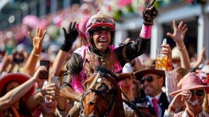 Exciting crowd cheers during a horse race in a professional racetrack