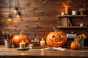 pumpkins under spider web with vintage lamp against smoky dark background