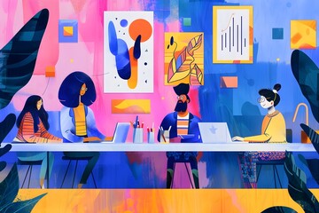 A group of people are sitting at a table with a painting on the wall behind them. The painting is abstract and colorful, giving the room a lively and creative atmosphere
