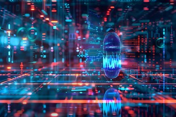 A computer generated image of a blue and red sphere with a blue light on it. The image is of a futuristic cityscape with many lights and a lot of detail. Scene is futuristic and technological