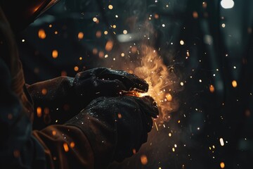 Close up of professional technician or mechanic working at factory while making a fire spark. Skilled industrial worker or engineer cutting a metal or iron while wearing safety uniform. AIG42.