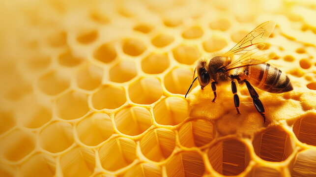 A bee on honeycomb. Banner, flyer or card concept for apiary and honey advertising